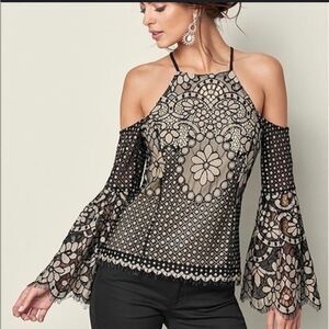 Venus Elegant Black Lace Cold Shoulder Top
